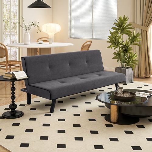 Canapé Convertible 3 Places Dossier Inclinable Réglable Métal Noir Tissu Gris