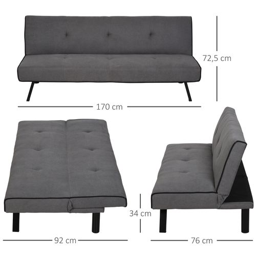 Canapé Convertible 3 Places Dossier Inclinable Réglable Métal Noir Tissu Gris