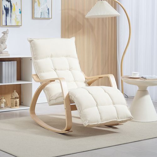 Fauteuil à Bascule Style Nordique Ajustable Tissu Blanc Cassé Bois Clair Cintré