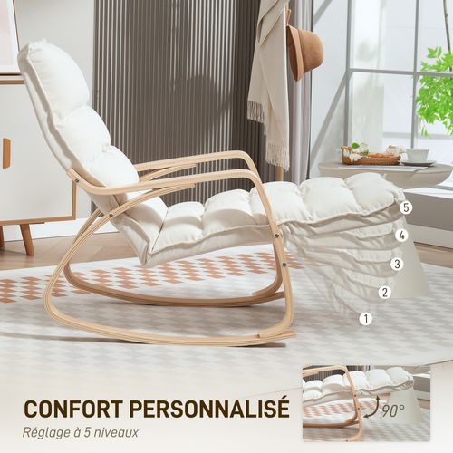 Fauteuil à Bascule Style Nordique Ajustable Tissu Blanc Cassé Bois Clair Cintré