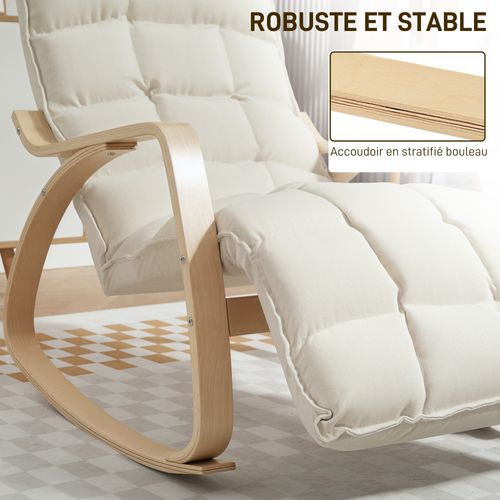 Fauteuil à Bascule Style Nordique Ajustable Tissu Blanc Cassé Bois Clair Cintré