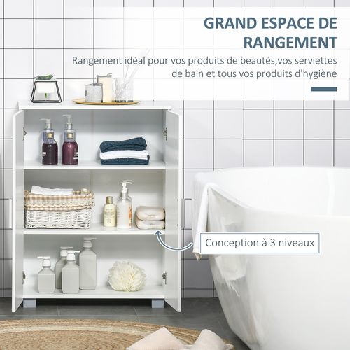 Meuble Bas De Salle De Bain Sur Pied - 2 Portes, 2 Étagères - Blanc