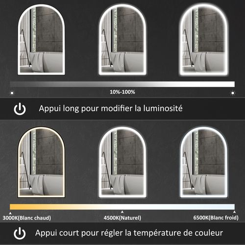 Miroir Lumineux LED Arqué De Salle De Bain 90 X 60 Cm Alu