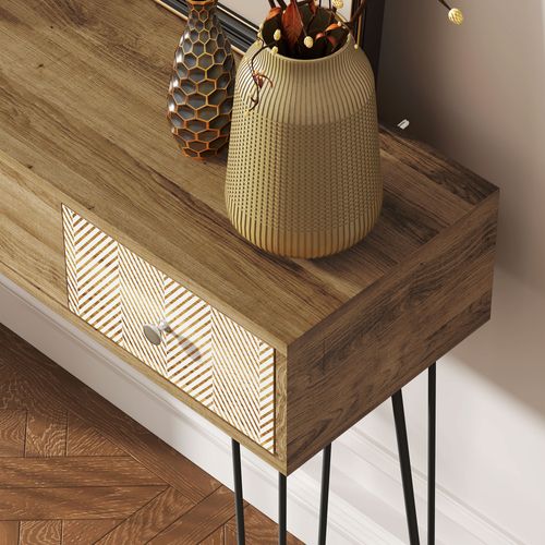 Console Style Néo-rétro 3 Tiroirs Graphiques Piètement Épingle Effet Bois