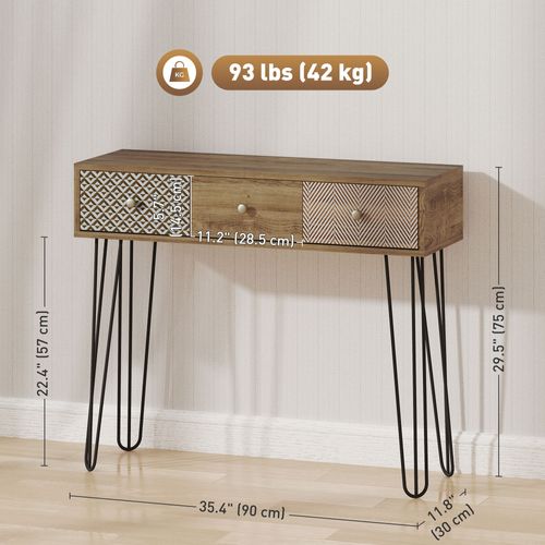 Console Style Néo-rétro 3 Tiroirs Graphiques Piètement Épingle Effet Bois