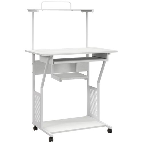 Station De Travail Mobile - 3 Étagères, Tablette Clavier - Blanc