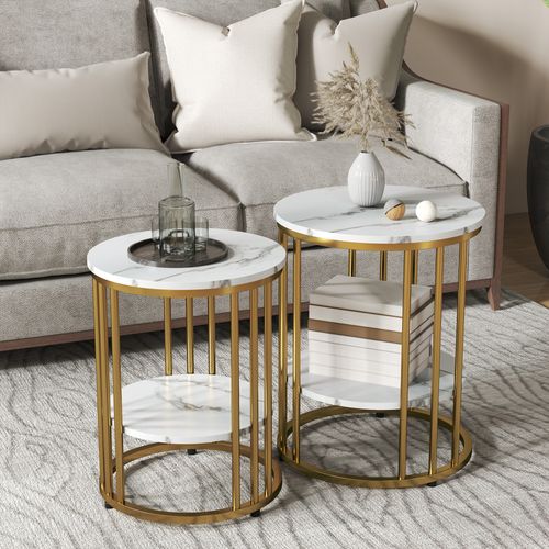 Lot De 2 Tables Basses Gigognes Rondes Style Art Déco Avec Étagère