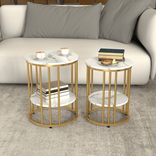 Lot De 2 Tables Basses Gigognes Rondes Style Art Déco Avec Étagère