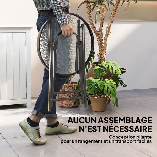 Table Basse Ronde Bistro De Jardin Pliable Métal Noir Verre Trempé