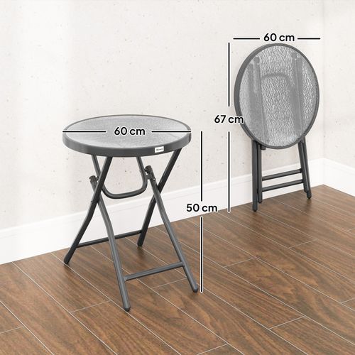 Table Basse Ronde Bistro De Jardin Pliable Métal Noir Verre Trempé