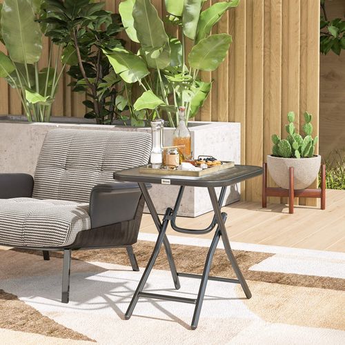 Table Basse Carrée Bistro De Jardin Pliable Métal Noir Verre Trempé