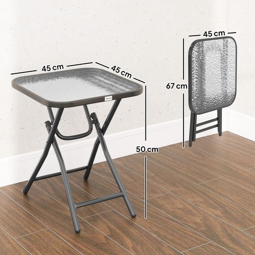 Table Basse Carrée Bistro De Jardin Pliable Métal Noir Verre Trempé