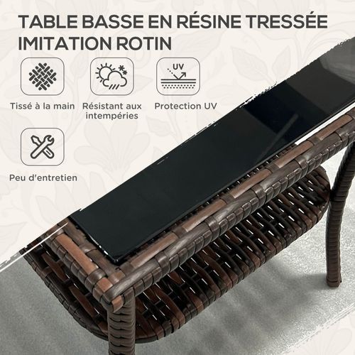 Table Basse De Jardin Étagère Plateau Verre Trempé Résine Tressée Chocolat
