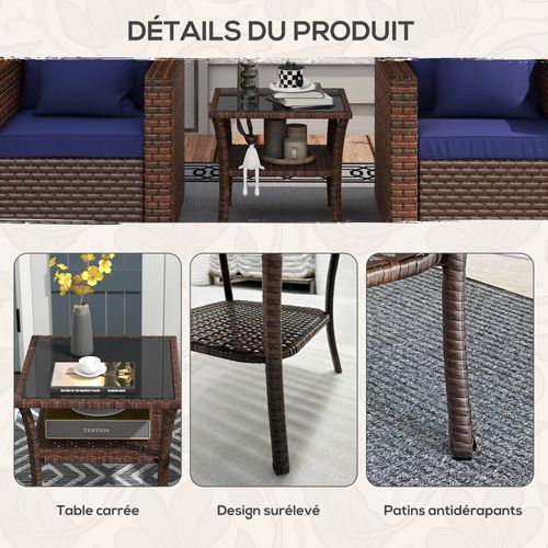 Table Basse De Jardin Étagère Plateau Verre Trempé Résine Tressée Chocolat