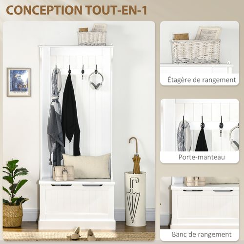 Vestiaire D'entrée Banc Coffre 4 Patères Doubles Blanc