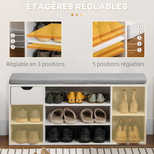 Banc à Chaussures Avec Coussin Gris 7 Compartiments Tiroir Blanc