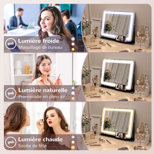 Miroir Lumineux LED 3 Modes D'éclairage Grossissement 10x Rotatif Port Charge USB