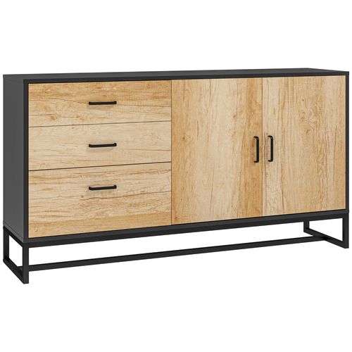 Buffet 2 Portes Étagère 3 Tiroirs Poignées Alu Piètement Acier Noir Effet Bois