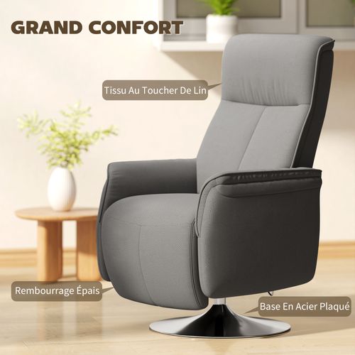 Fauteuil Relax Massant Inclinable Pivotant Réglable Acier Chromé Tissu Gris