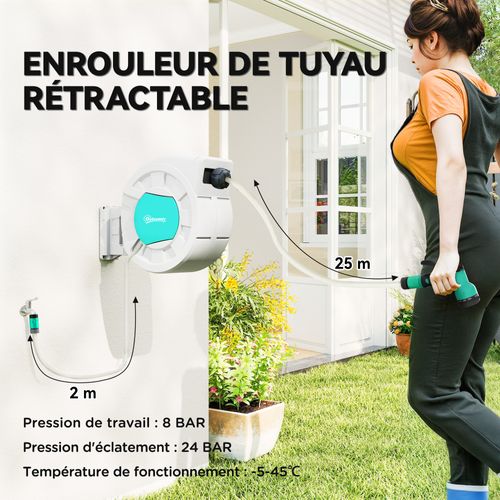 Dévidoir Mural Enrouleur Auto Pivotant Tuyau 35 + 2 M Avec Lance Et Support