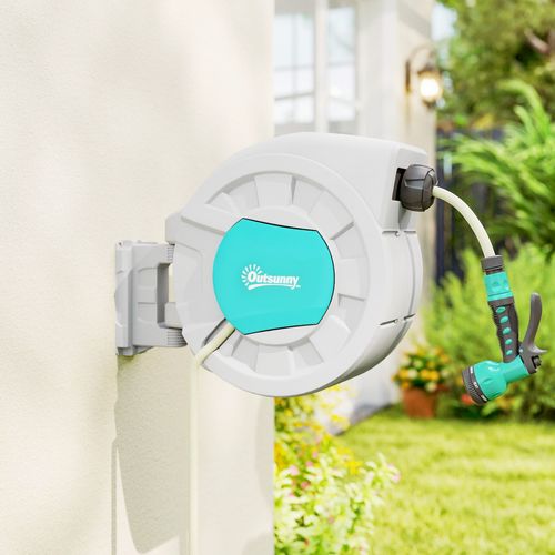 Dévidoir Mural Enrouleur Auto Pivotant Tuyau 35 + 2 M Avec Lance Et Support