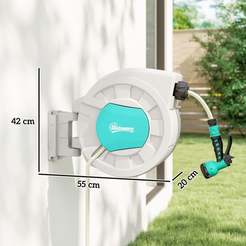 Dévidoir Mural Enrouleur Auto Pivotant Tuyau 35 + 2 M Avec Lance Et Support