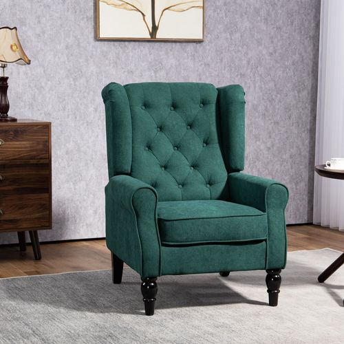 Fauteuil à Oreilles Style Chesterfield Dossier Capitonné Bois Noir Tissu