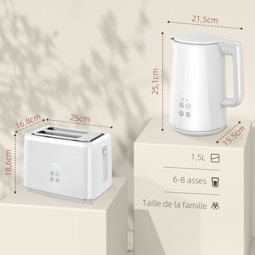 Ensemble Bouilloire 1,5l Et Grille-pain 2200w 2 Tranches Blanc Gris