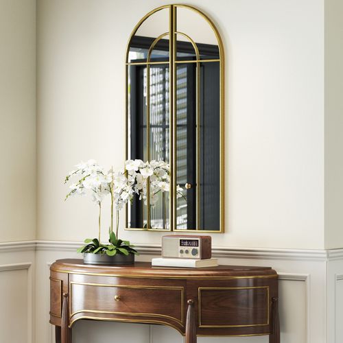 Miroir Mural Style Verrière Dim. Panneau 30 X 120 Cm Métal Doré Verre