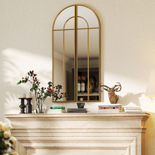 Miroir Mural Style Verrière Dim. Panneau 30 X 120 Cm Métal Doré Verre