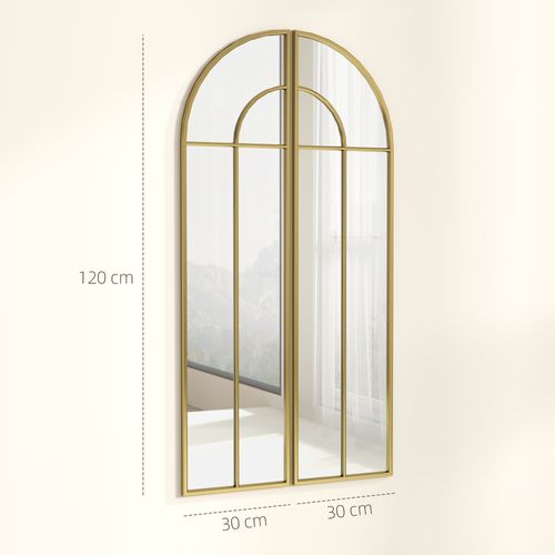 Miroir Mural Style Verrière Dim. Panneau 30 X 120 Cm Métal Doré Verre