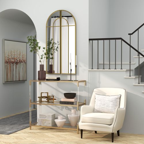 Miroir Mural Style Verrière Dim. Panneau 30 X 120 Cm Métal Doré Verre