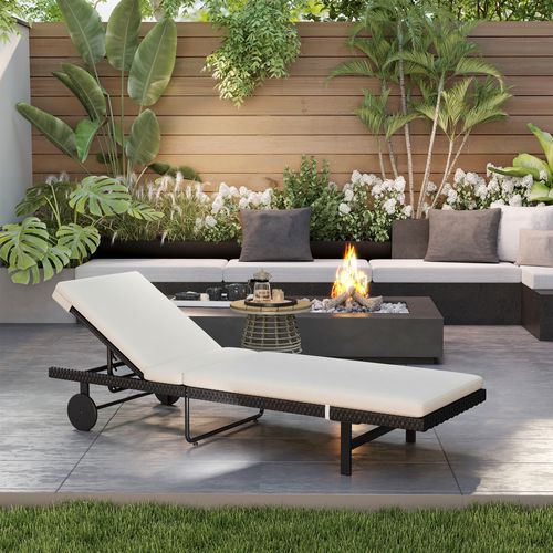 Bain De Soleil Transat Inclinable 2 Roues Avec Matelas Noir Blanc Cassé