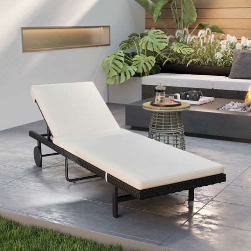 Bain De Soleil Transat Inclinable 2 Roues Avec Matelas Noir Blanc Cassé