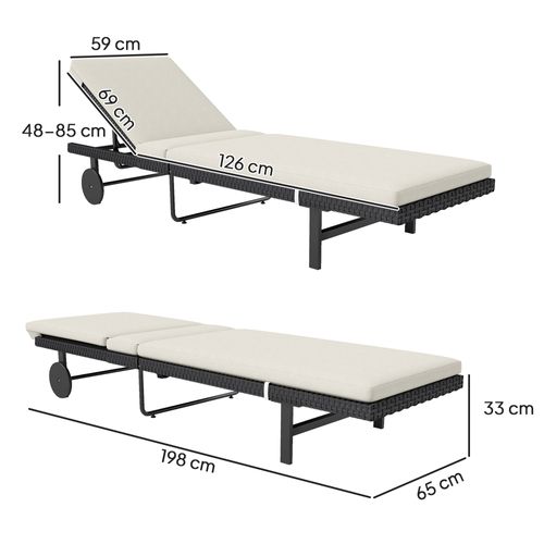 Bain De Soleil Transat Inclinable 2 Roues Avec Matelas Noir Blanc Cassé