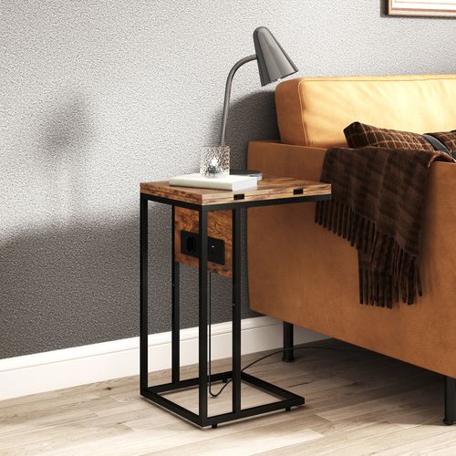 Table D'appoint Pour Ordinateur Avec Station De Charge Métal Noir Effet Bois Vieilli