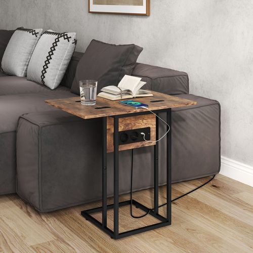 Table D'appoint Pour Ordinateur Avec Station De Charge Métal Noir Effet Bois Vieilli