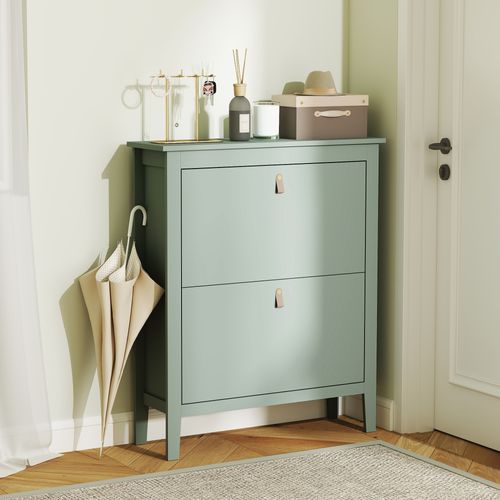 Meuble à Chaussures 2 Portes Battantes Poignées Lanières Boucles Effet Cuir