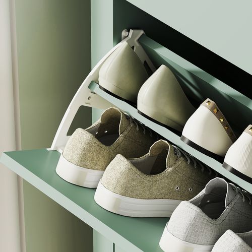 Meuble à Chaussures 2 Portes Battantes Poignées Lanières Boucles Effet Cuir