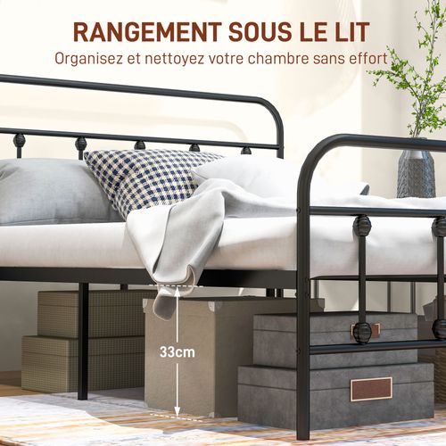 Lit Double Acier Noir - Tête De Lit, Pied De Lit Et Sommier Inclus - Compatible Matelas 140x200 Cm