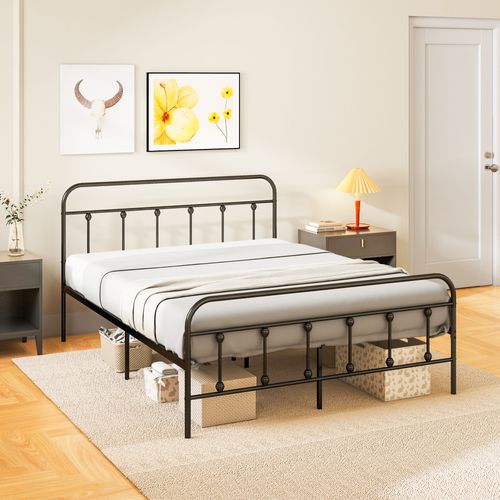 Lit Double Acier Noir - Tête De Lit, Pied De Lit Et Sommier Inclus - Compatible Matelas 140x200 Cm