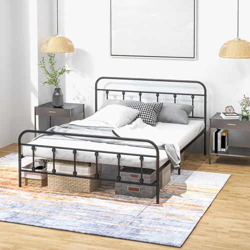 Lit Double Acier Noir - Tête De Lit, Pied De Lit Et Sommier Inclus - Compatible Matelas 140x200 Cm