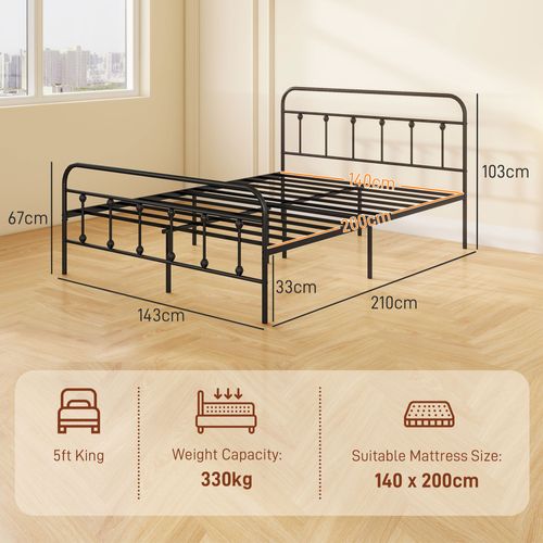 Lit Double Acier Noir - Tête De Lit, Pied De Lit Et Sommier Inclus - Compatible Matelas 140x200 Cm