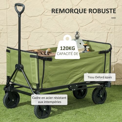 Chariot De Jardin Pliable 130l Acier Noir Tissu Haute Densité Kaki