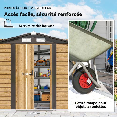 Abri De Jardin Métal 2,36m² - 2 Portes, Cadenas, Clé, Gants Inclus - Acier Effet Bois Taupe