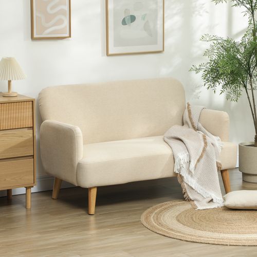 Canapé 2 Places Style Scandinave Bois Hévéa Tissu Beige