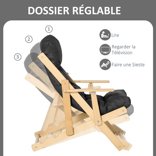 Fauteuil De Jardin Pliable Bois Avec Coussin Capitonné Noir