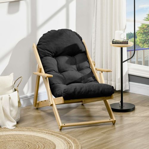 Fauteuil De Jardin Pliable Bois Avec Coussin Capitonné Noir