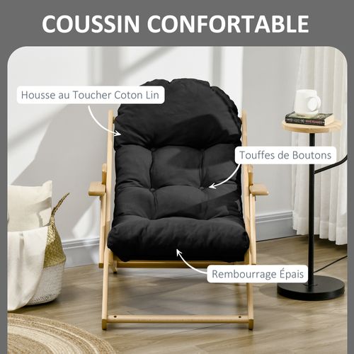 Fauteuil De Jardin Pliable Bois Avec Coussin Capitonné Noir