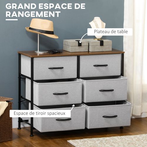 Commode 6 Tiroirs Pliables Acier Noir Aspect Bois Non Tissé Gris